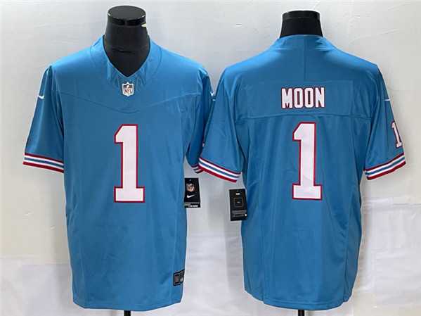 Men%27s Tennessee Titans #1 Warren Moon Light Blue 2023 F.U.S.E. Vapor Limited Throwback Stitched Football Jersey